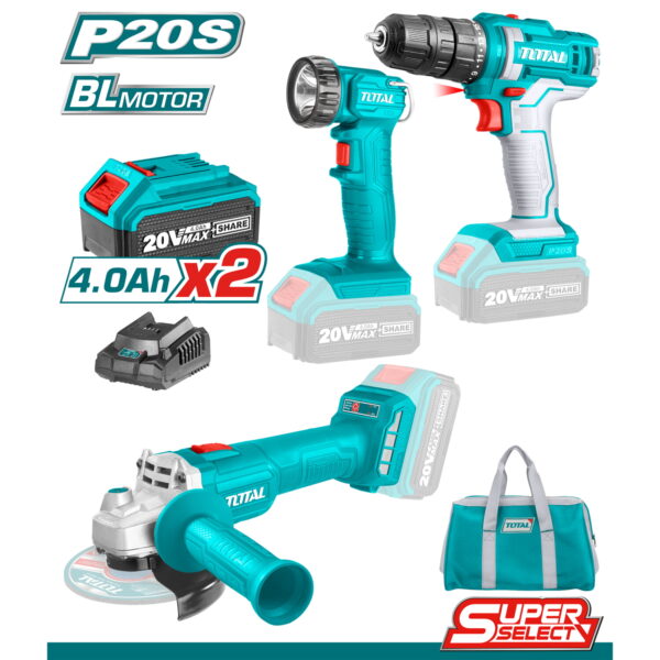 Combo Taladro 20V, Flexible Y Lámpara (Incluye 2 Baterías 4Ah, Cargador, Bolso Y Discos De Corte)